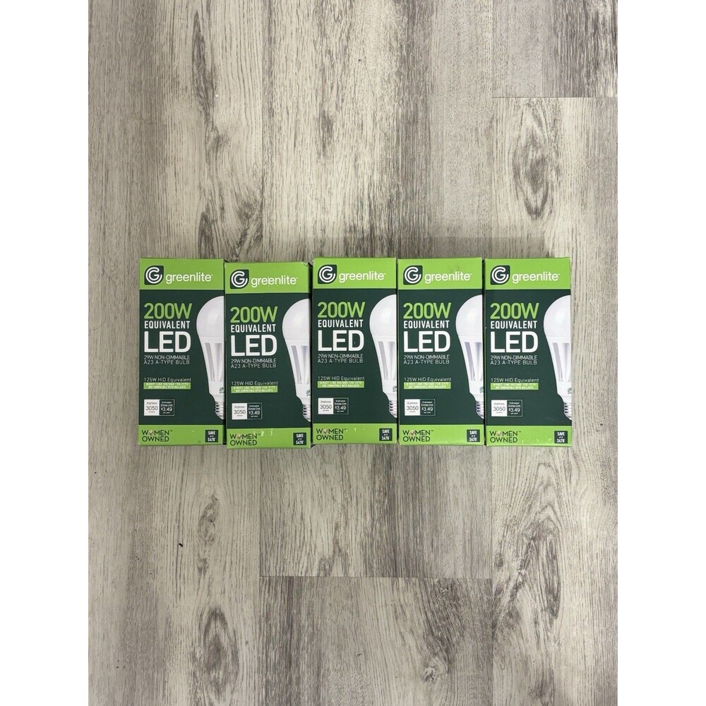 Lot of 5 Greenlite 200W LED Bulbs 29W A23 5000K Daylight 3050 Lumens E26